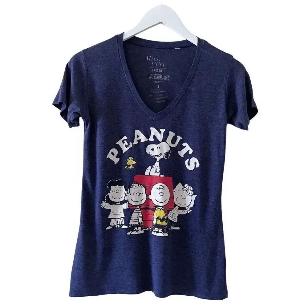 Mighty Fine Shirt Dark Blue Peanuts Characters V-Neck Lightweight SZ S #1372
